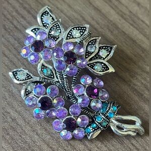 Vintage Signed Nina Ricci Avon Flower Brooch Bouquet Silver Tone AB Purple Blue